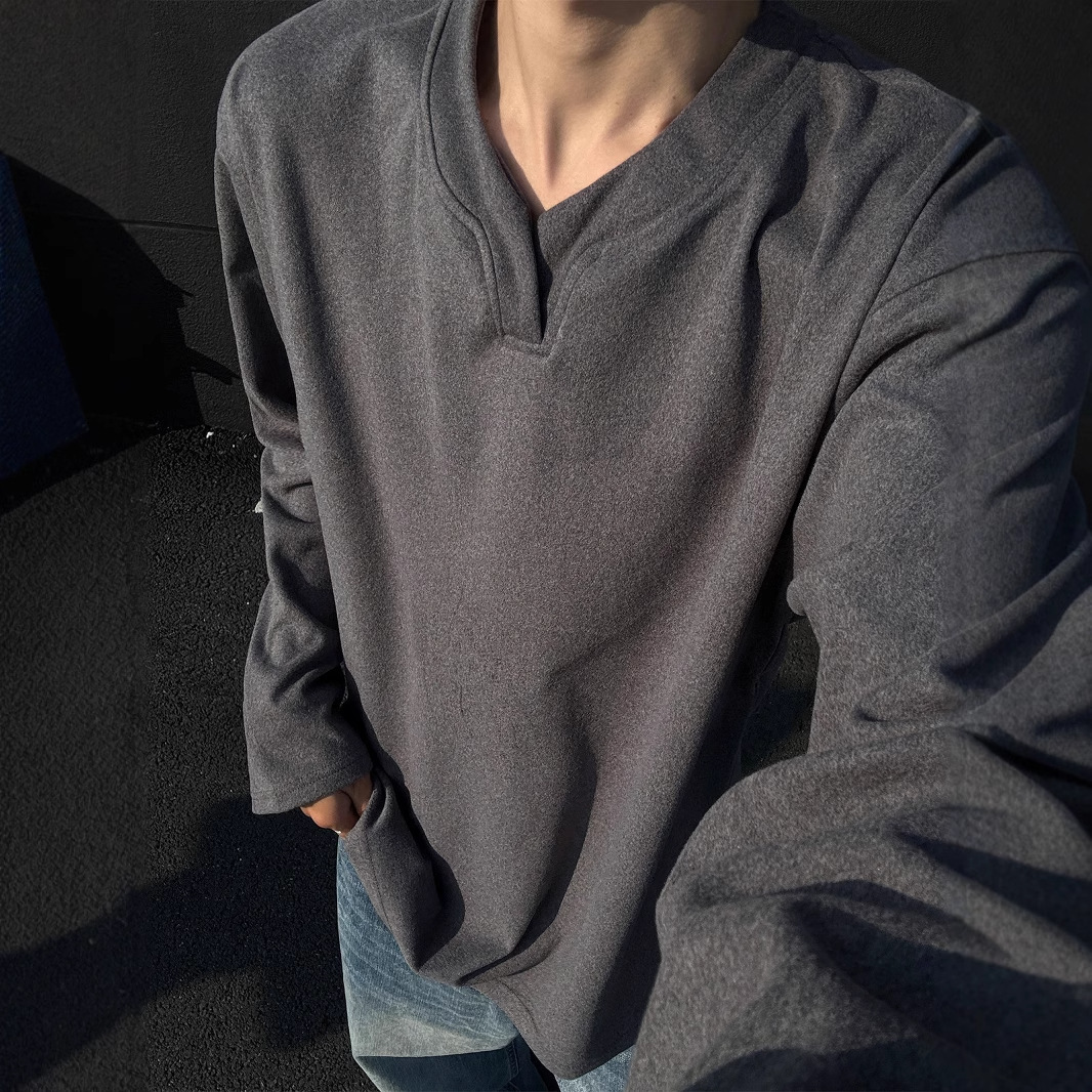 Heavyweight De Rong V-neck Long Sleeve T-shirt For Men Autumn And Winter Cleanfit American Style Designer Shirt Trendy Designer Hoodie Base Layer Sweatshirt Henry