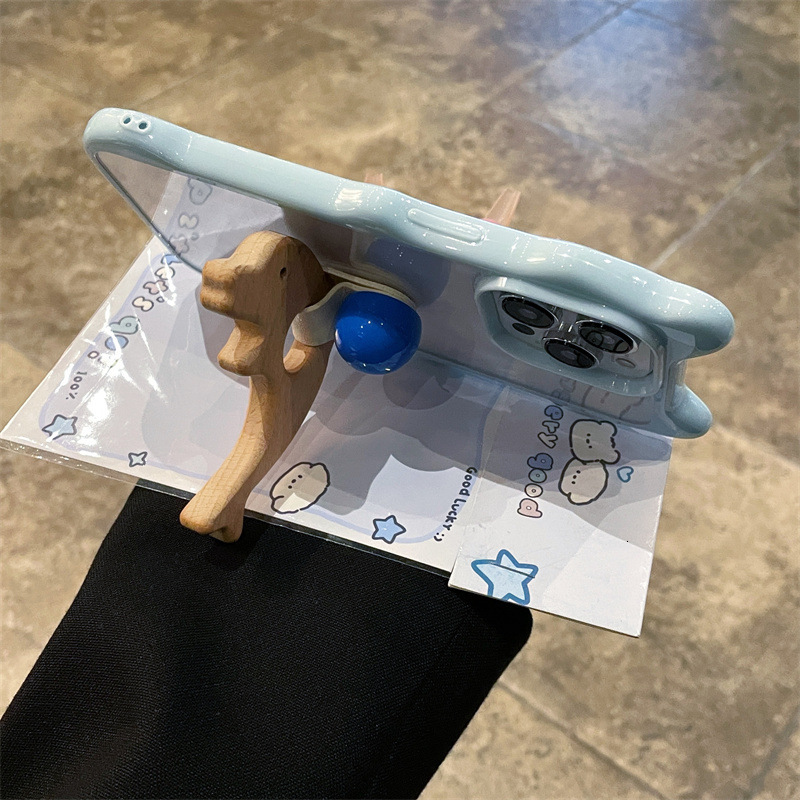 Fashion Cute Cartoon 3D Cat Ears Wooden Horse Ring Holder Clear Transparent Wavy Frame Soft TPU Case Compatible with iPhone 16 Pro Max