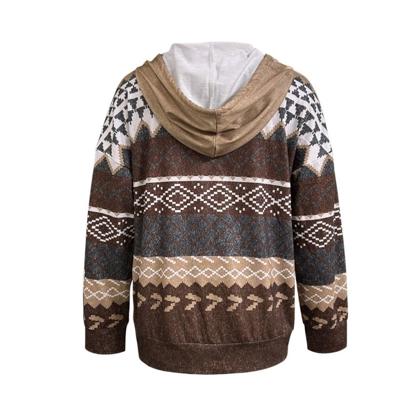 Women's Autumn Winter Ethnic Geometric Print Zip - Up Hooded Jacket - Casual Fashion Outerwear-CF24589