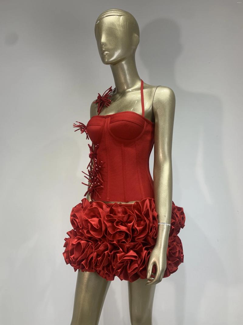 Casual Dresses Two-Piece Set Red Bandage Halter Corset Top & Rose Mini Skirt for Women - Evening Club Party Outfit C260312