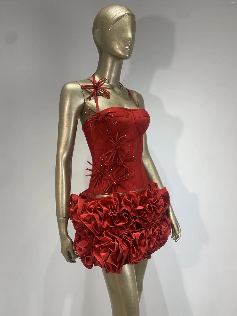 Casual Dresses Two-Piece Set Red Bandage Halter Corset Top & Rose Mini Skirt for Women - Evening Club Party Outfit C260312