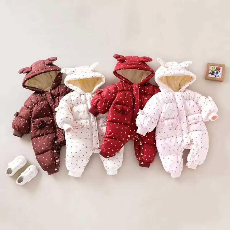 Winter Kids Girls Rompers Dot Printed Hooded Jumpsuits For 03Y Newborn Girls Cotton Padded Parkas For Infant Baby Girls C251009