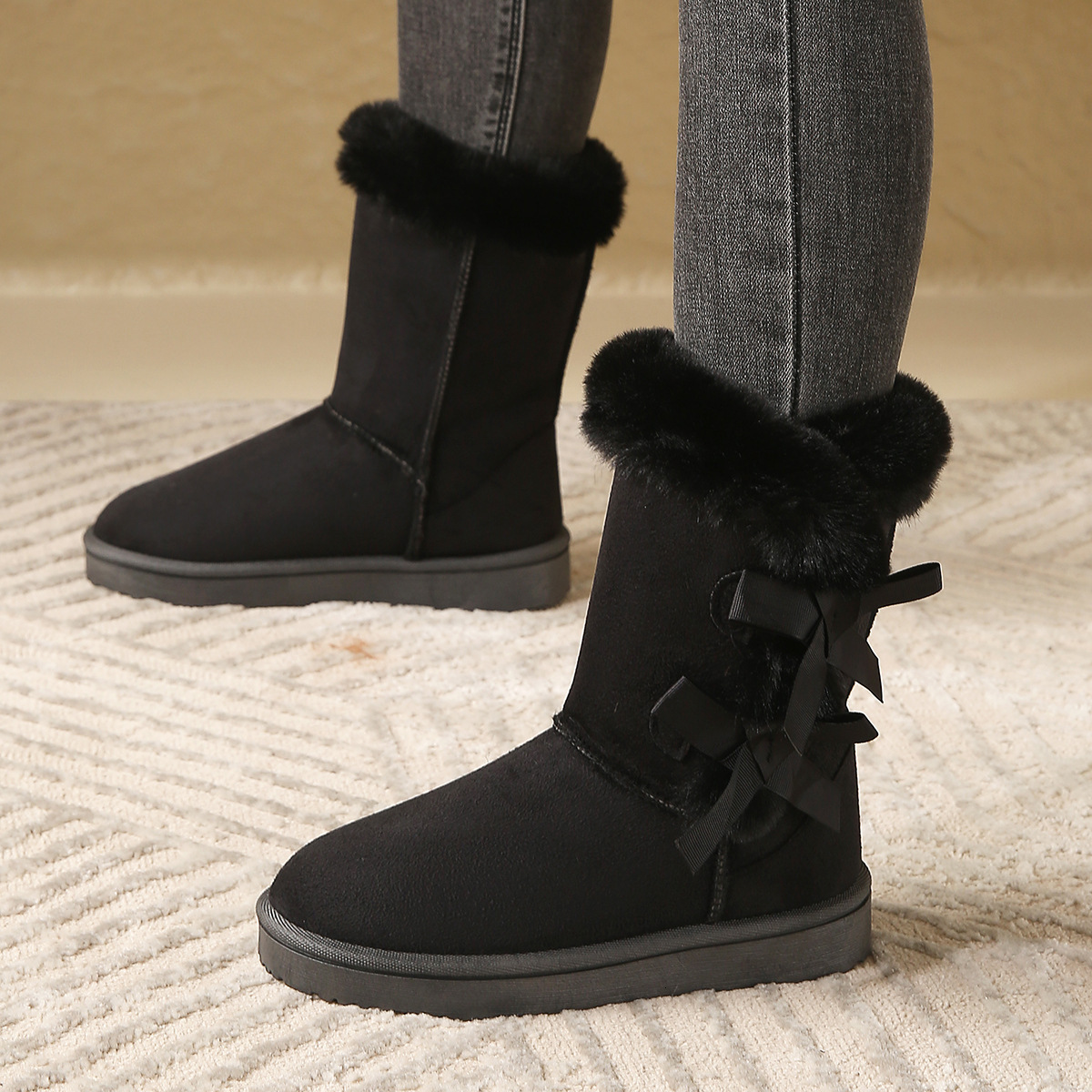 Autumn and winter cotton hot girl designer shoes new wool lining warm mid waist cotton boots butterfly knot thickened luxury boots