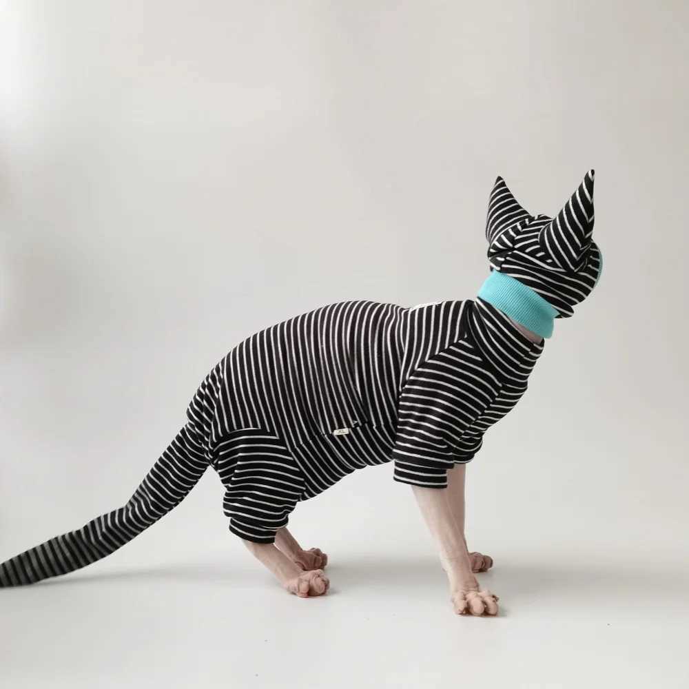 Four Legged Striped Shirt Hat Tail Cover Suit for Sphynx Cat Spring Black Sweatshirt for Kittens Hairless Warm Autumn Costumes C251009