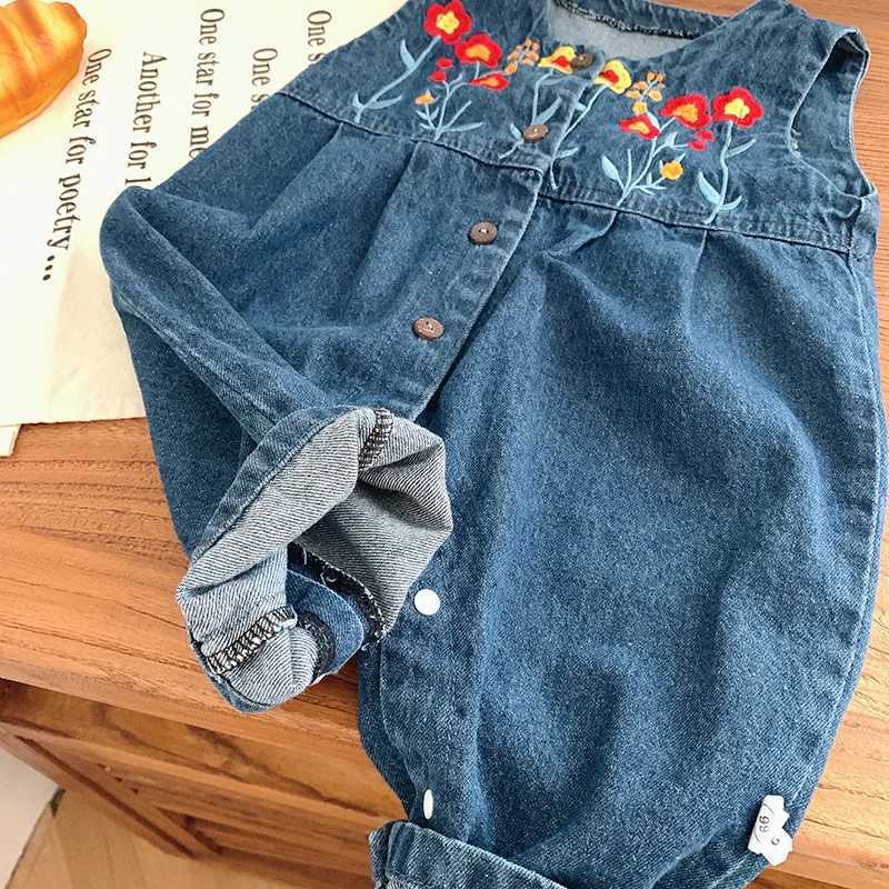 2024 Spring Autumn Infant Girls Jeans Embroidery Floral Denim Jumpsuit Cotton Sleeveless Button Romper Children Girls Outfits C251009
