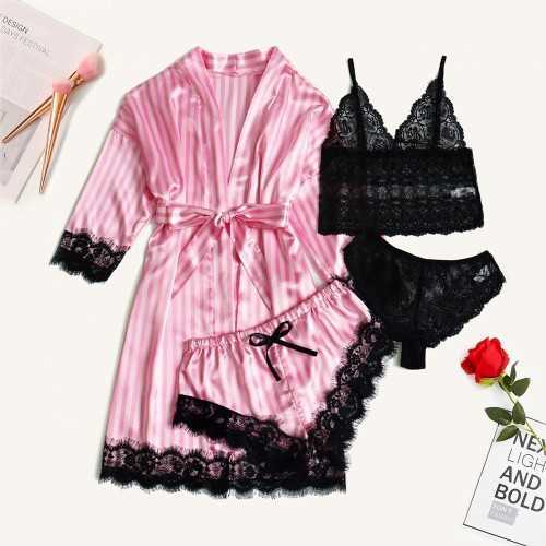 Pink Stripe Robe and Pajamas Set Women Silk Satin Lace Sleepwear Summer Sexy Faux Silk Pajamas Bathrobe Homewear Night Robe Set Z2500806