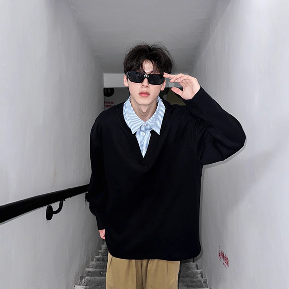 Black Designer Shirt V-neck Patchwork Sweatshirt Men's Autumn Winter Striped Shirt Long Sleeve Designer Hoodie Polo Shirt High-end Jacket