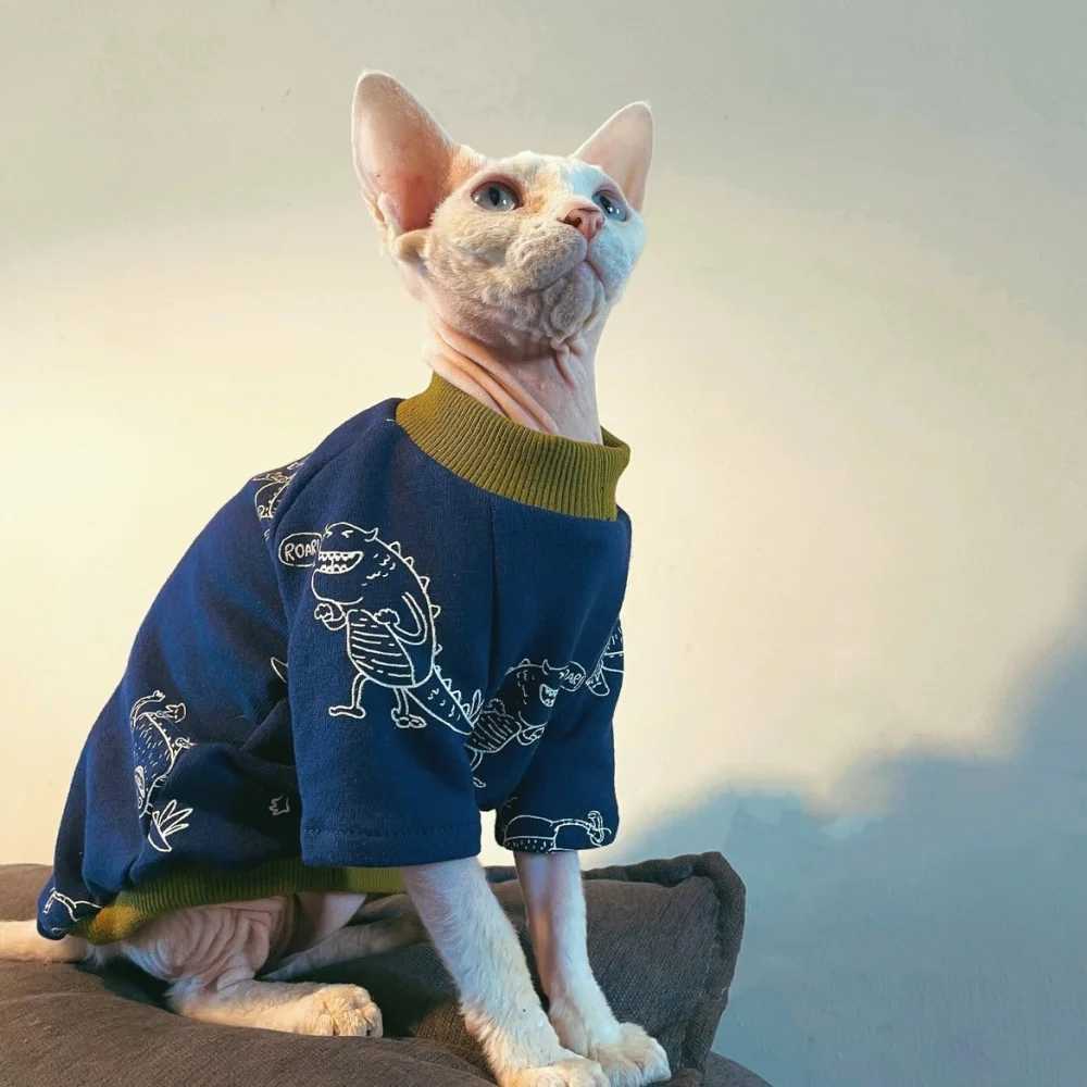 Cat Clothing Dark Blue Cotton TShirt for Male Cat Long Sleeves Dinosaur Coat for Sphynx Cat Soft Pajamas for Kittens in Spring C251009