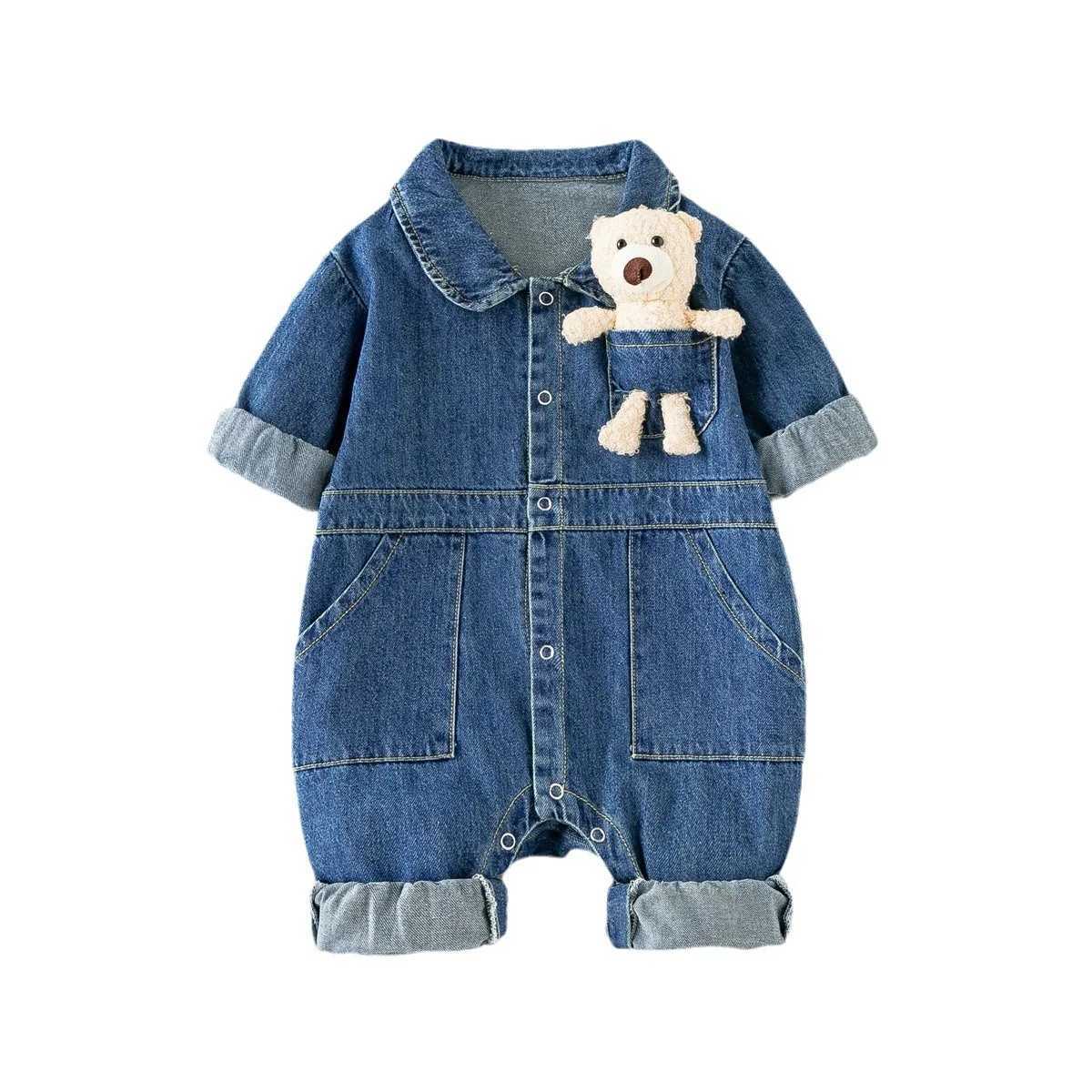 Spring Denim Baby Jumpsuit Cartoon Pocket Bear Romper for Boys Girls Newborn Overalls Korean Style Onesie Autumn Kids Clothing C2510091