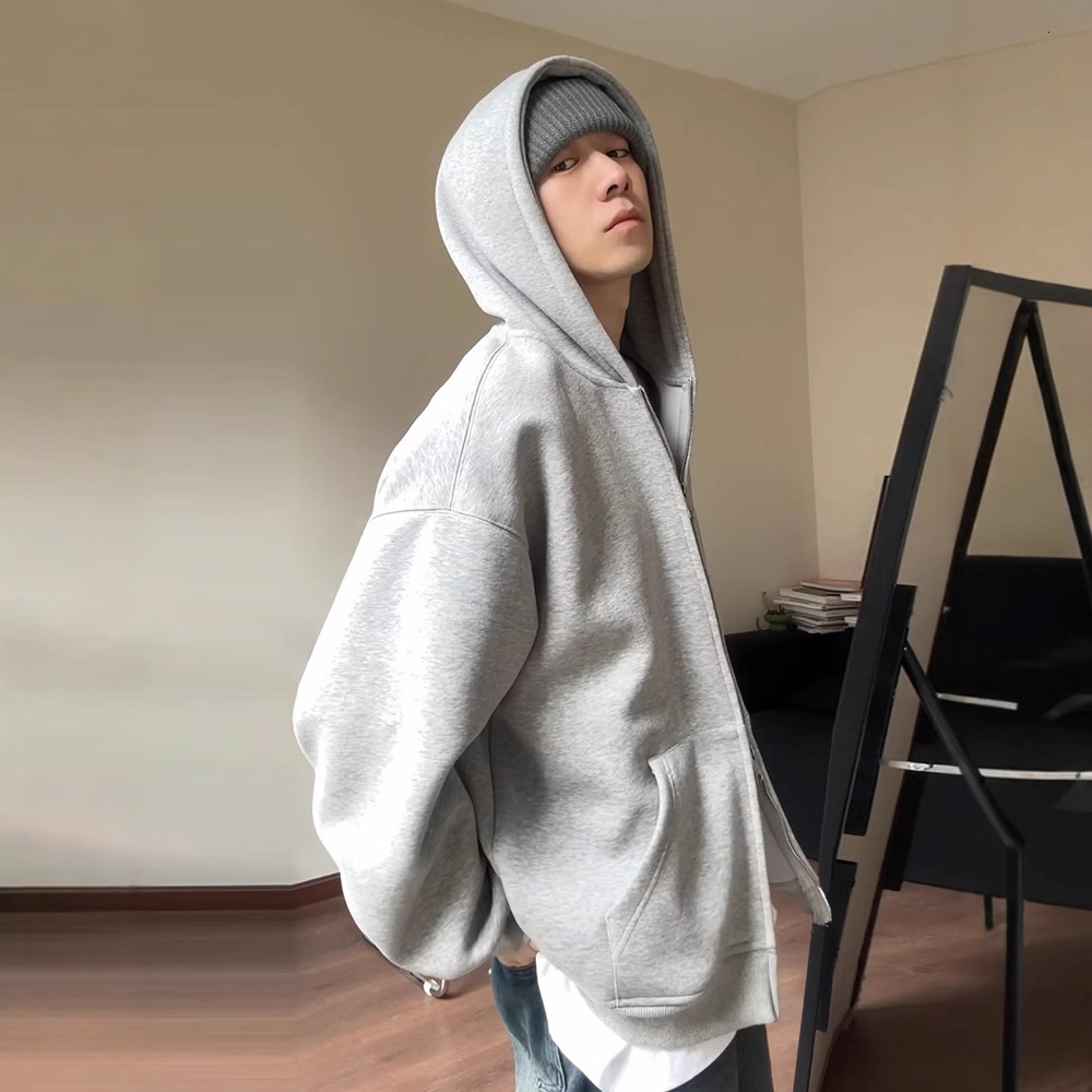 Gray Heavyweight Cardigan Sweatshirt Men American Style Cleanfit Designer Hoodie Double Zipper Autumn Designer Shirt Winter Fleece Hoodie Zipper Jacket Trendy