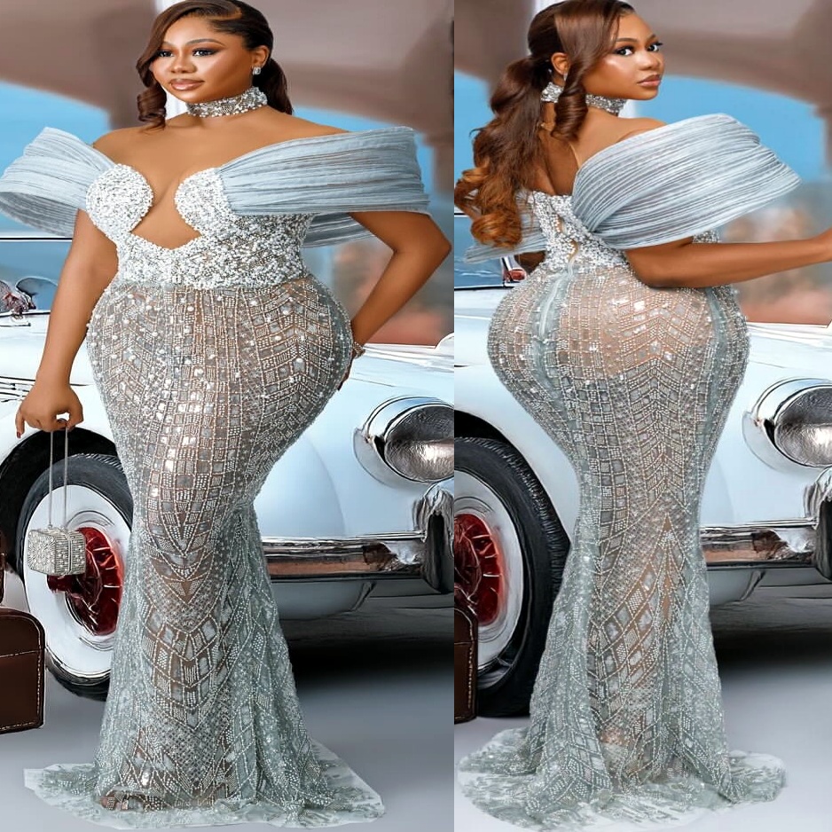 Silver Mermaid Prom Dresses 2025 Pearls High Neck Sequined Lace Evening Formal Party Second Birthday Engagement Gowns Plus Size Dress For Special Occa