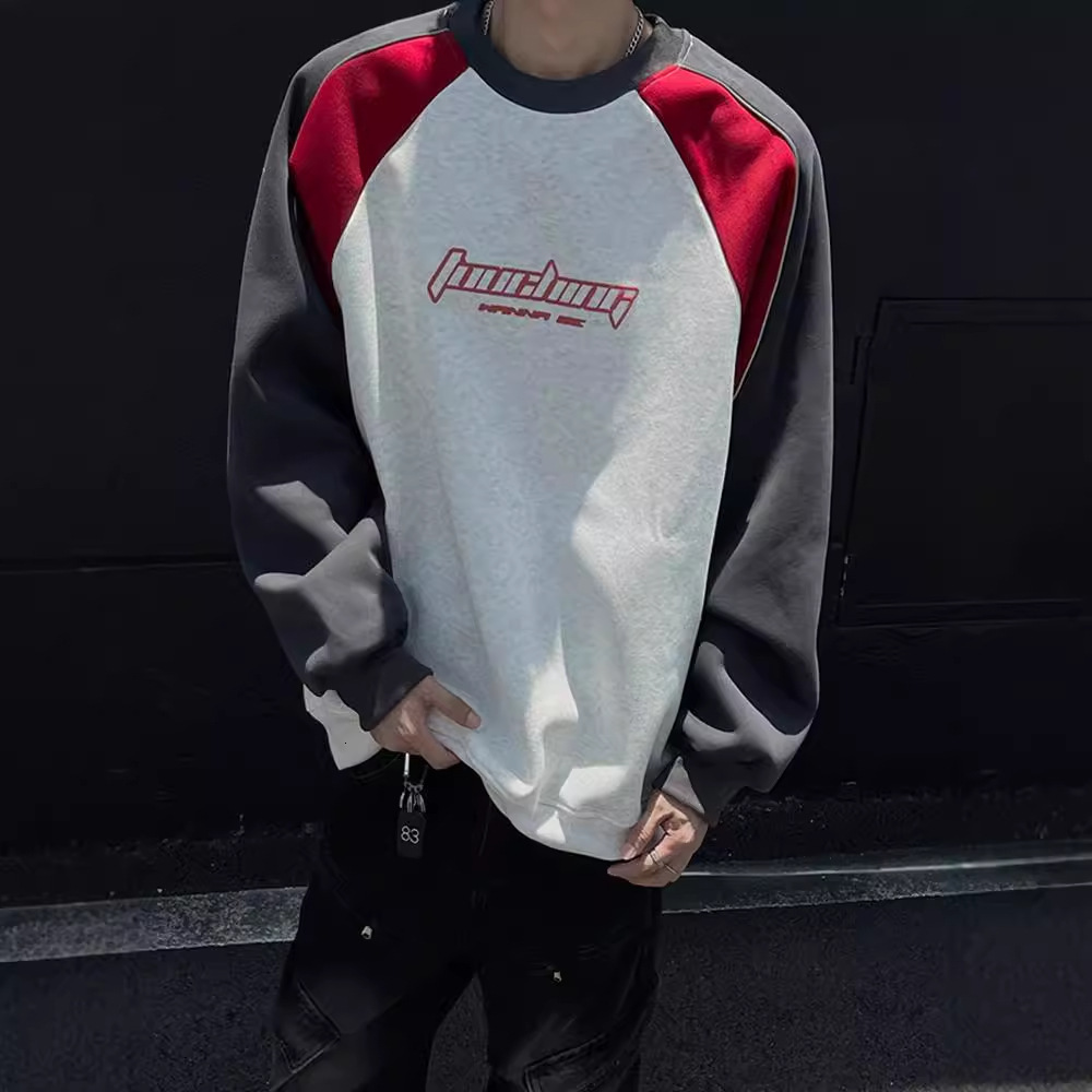 INS Korean Style Motorcycle Round Designer Shirt Neck Sweatshirt For Men Spring Autumn American Niche Designer Hoodie Color Block Heavy Pullover Loose Top