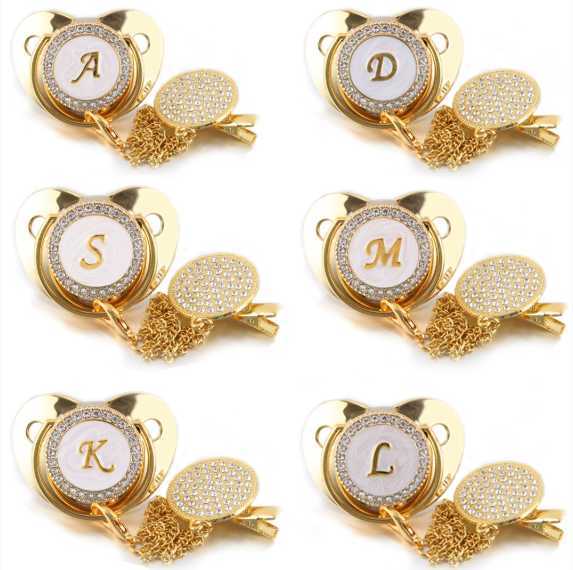 26-letter golden metal character baby pacifier with diamond chain and baby care products Q251009