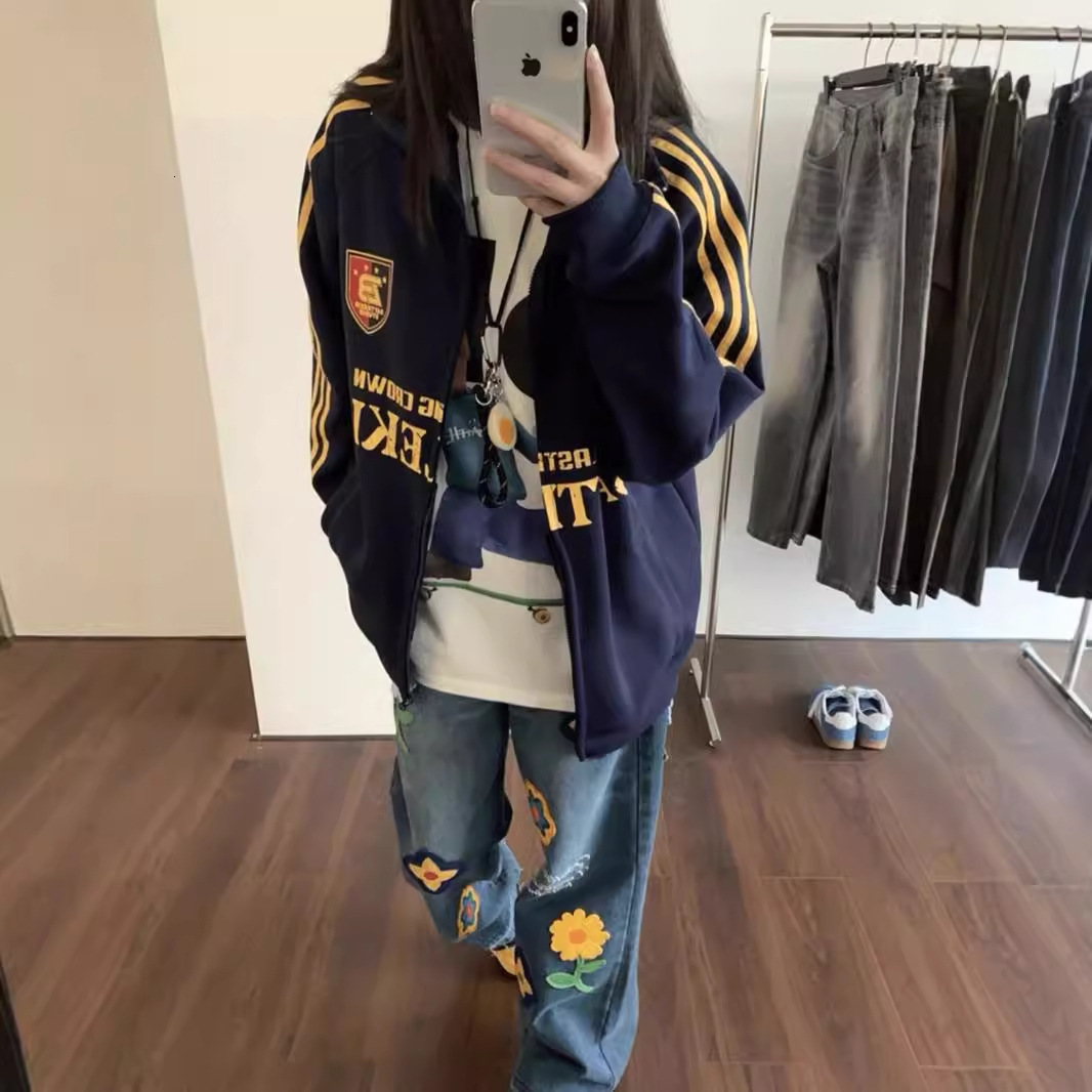 Navy Blue American Retro Designer Hoodie Cardigan Jacket Men Spring And Autumn Stand Collar Three Stripes Sports Designer Shirt Trendy Loose Hoodless Sweatshirt