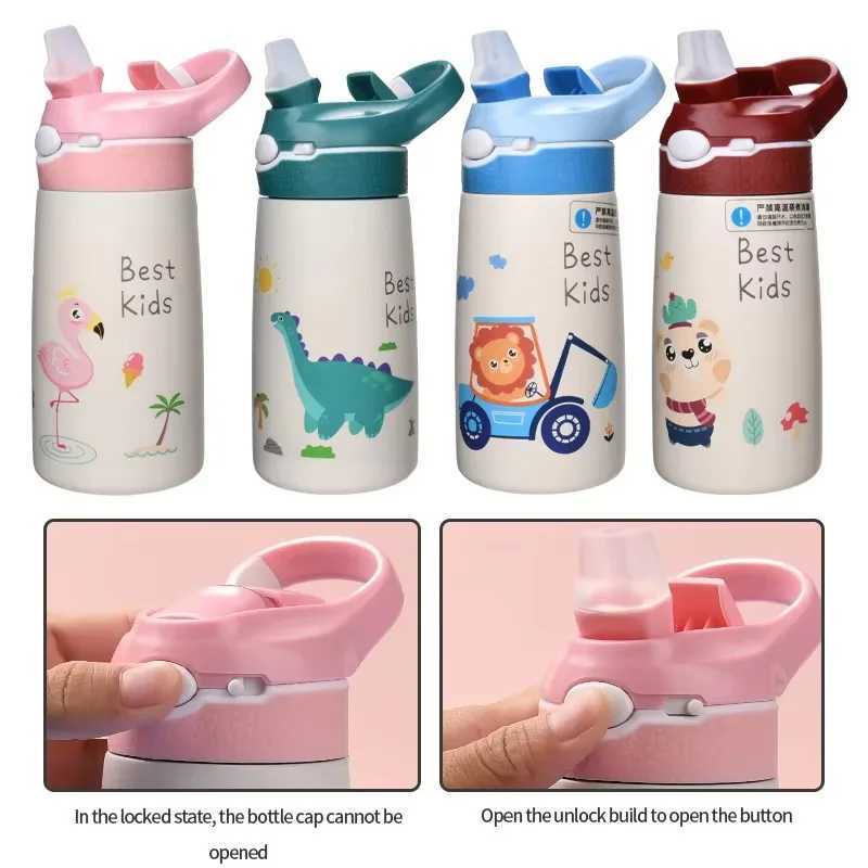 400500ML Kids Water Bottle Cartoon Dinosaur Thermos Mug Baby Duck Billed Straw 316 Stainless Steel Vacuum Flasks Thermos Bottle C251008