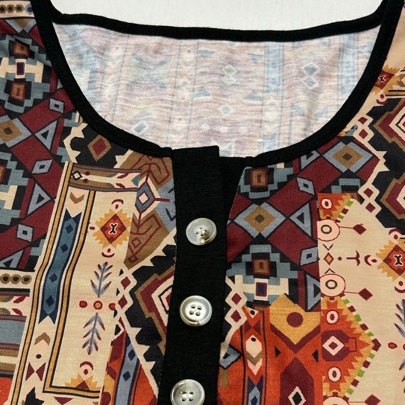 Women's Ethnic Style Geometric Print Long Sleeve Top - Vintage Coffee - Colored Milk Silk Casual Blouse-CF23350