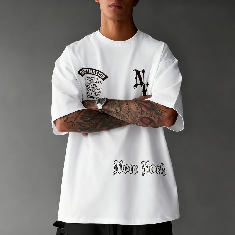 Men's Streetwear New York "NY" Graphic Oversized T-Shirt - "The City That Never Sleeps" Slogan Casual Tee-26