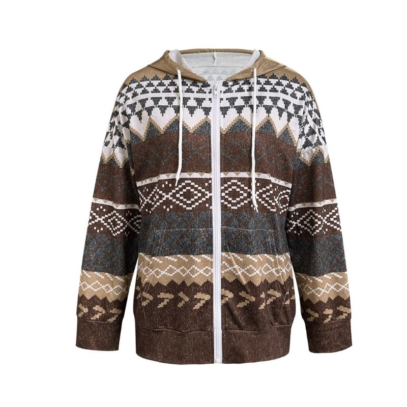 Women's Autumn Winter Ethnic Geometric Print Zip - Up Hooded Jacket - Casual Fashion Outerwear-CF24589
