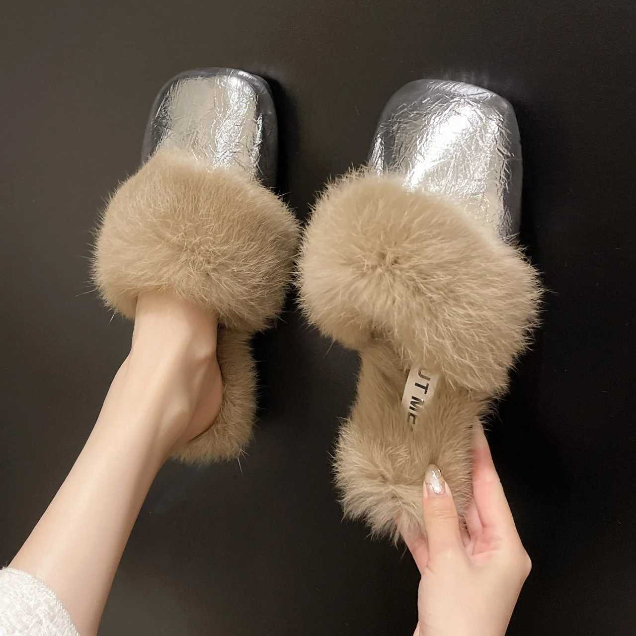 new designer sier leather winter slippers wen square toe fur slides shoes flat heel plush padded warm mes pantuflas mujer Y251009