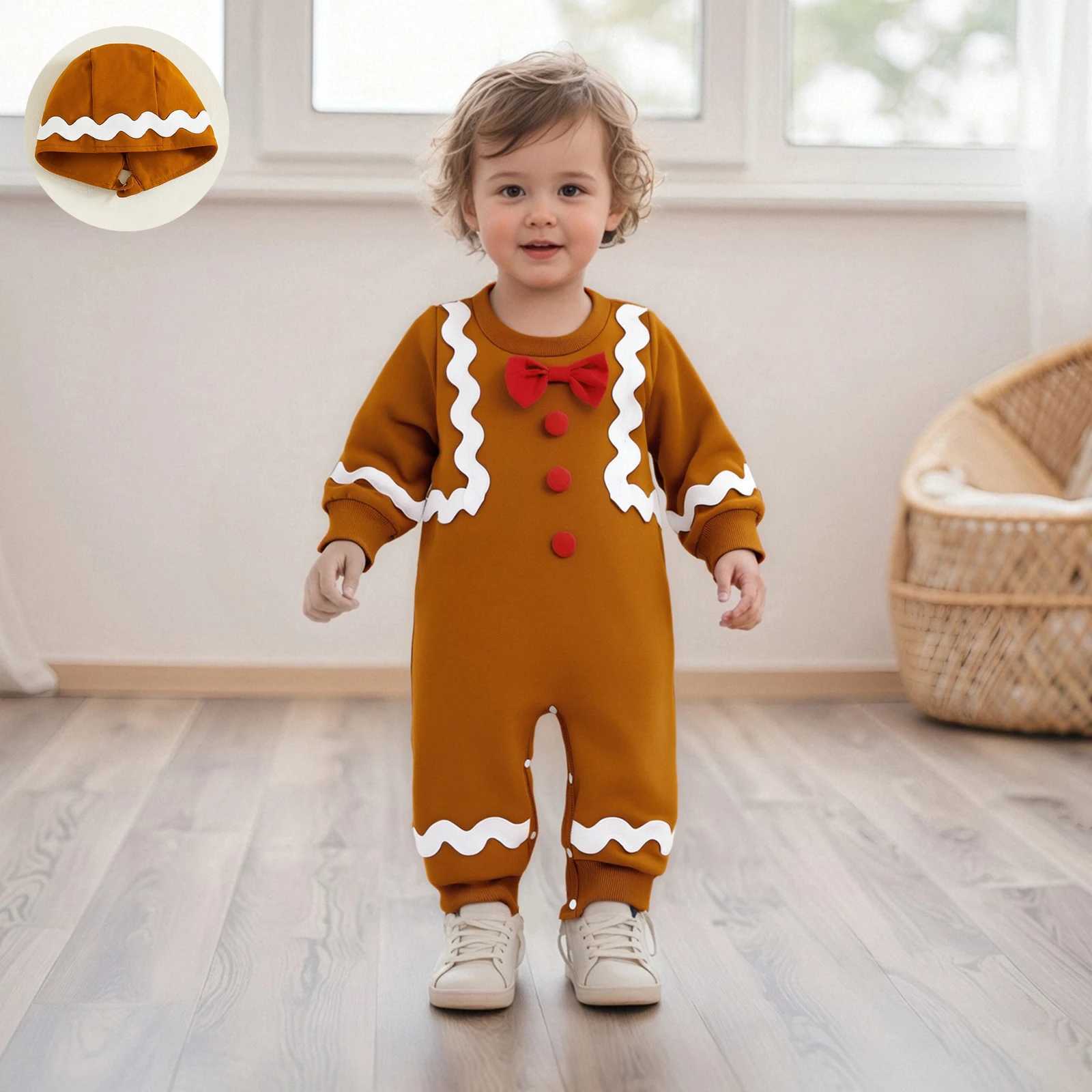 Baby Clothing Girl Christmas Button Romper Long Sleeve O Neck Gingerbread Jumpsuit with Hat Newborn Clothes C251009