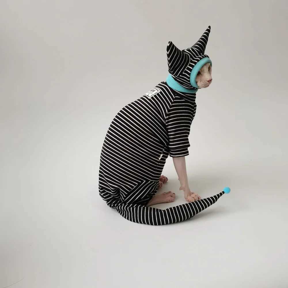 Four Legged Striped Shirt Hat Tail Cover Suit for Sphynx Cat Spring Black Sweatshirt for Kittens Hairless Warm Autumn Costumes C251009