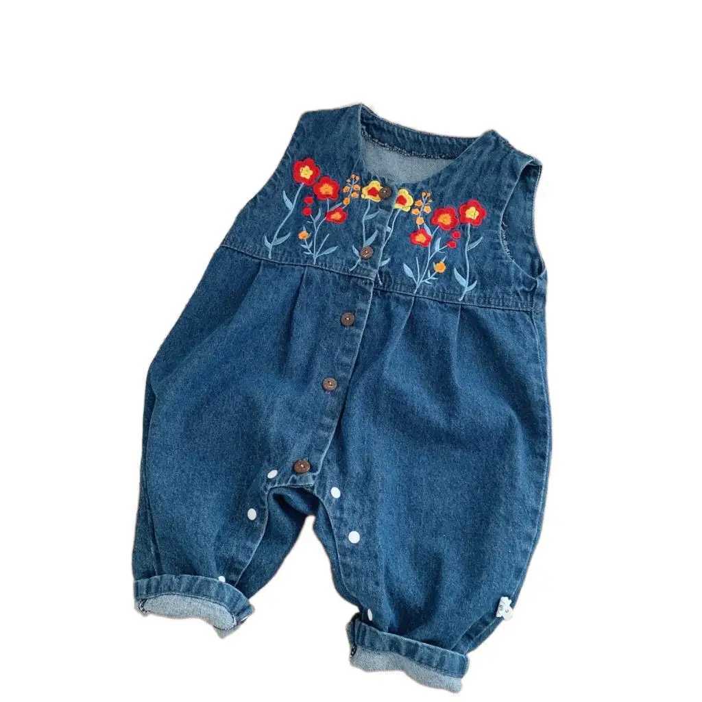 2024 Spring Autumn Infant Girls Jeans Embroidery Floral Denim Jumpsuit Cotton Sleeveless Button Romper Children Girls Outfits C251009