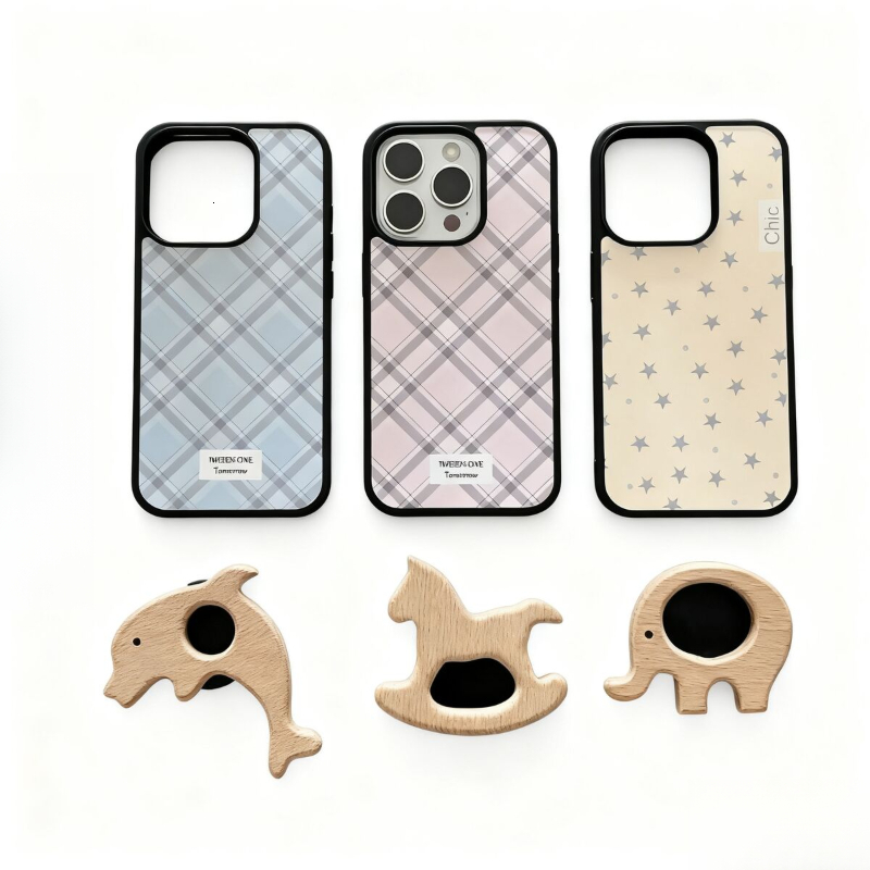 Compatible with iPhone 17 Case Cute Pink Grid Aesthetic Design Ins Style Pattern Wooden Horse Stand Shockproof TPU Hard PC Protective Cover for Girls 
