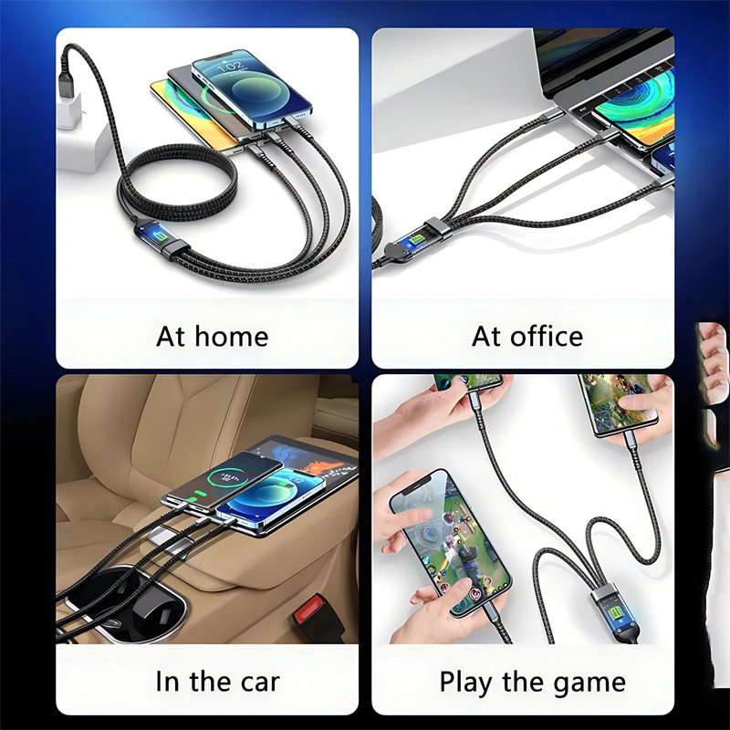 100W 3 In 1 Transparent Pilot Lamp Super Fast Charging Cable 6A Universal with Type C Usb Micro for Samsung Huawei Xiaomi IiPhone 17 16 15 14 13 12 Pr