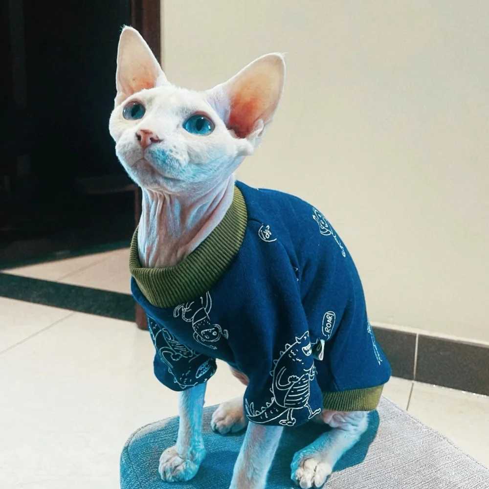 Cat Clothing Dark Blue Cotton TShirt for Male Cat Long Sleeves Dinosaur Coat for Sphynx Cat Soft Pajamas for Kittens in Spring C251009