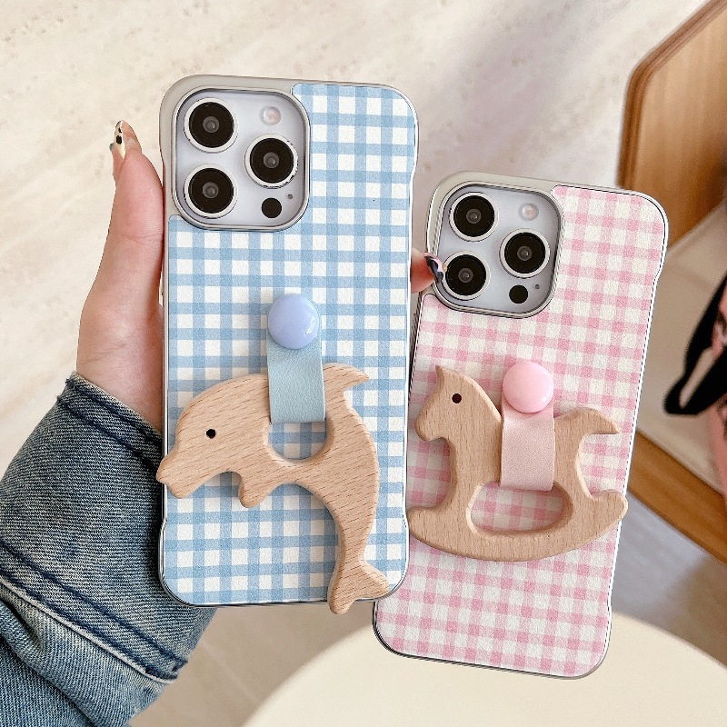 for iPhone 16 Pro Max Case Cute Aesthetic Gingham Ins Borderless Ring Wooden Horse Stand Phone Case Soft Slim TPU Shockproof Phone Cover for Women Gir