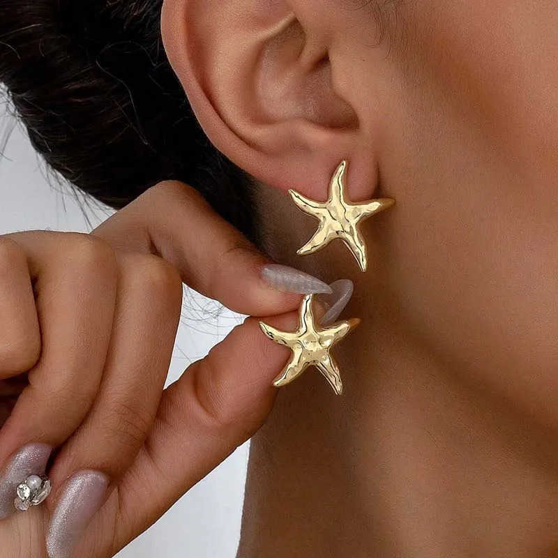 Punk Metal Starfish Stud Earrings For Women Fashion Gold Color Star Geometric Temperament Earrings Summer Jewelry Gift M251009