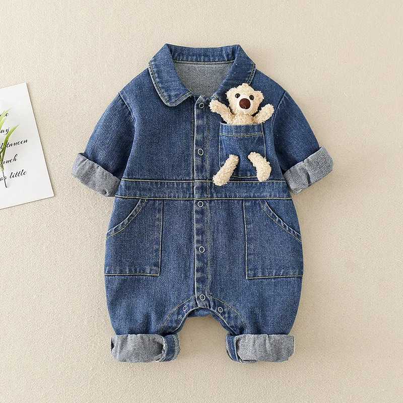 Spring Denim Baby Jumpsuit Cartoon Pocket Bear Romper for Boys Girls Newborn Overalls Korean Style Onesie Autumn Kids Clothing C251009