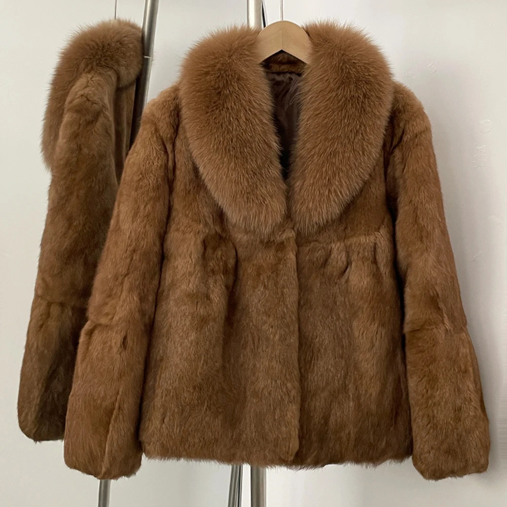 ity Fur Jacket Lady Natural Rabbit Fur Coat Female 2025 Thick Warm Ashion Fluffy Fox Fur Collar Winter Coat for Women 251009