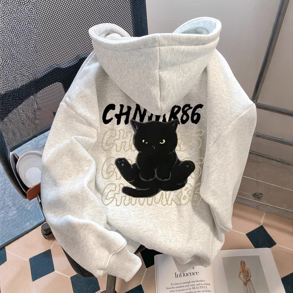 American Style Trendy Super Cute Cat Designer Hoodie Print Sweatshirt For Women Spring And Autumn Thin Large Size Plus Size Slimming Designer Shirt Hooded Jacket Men