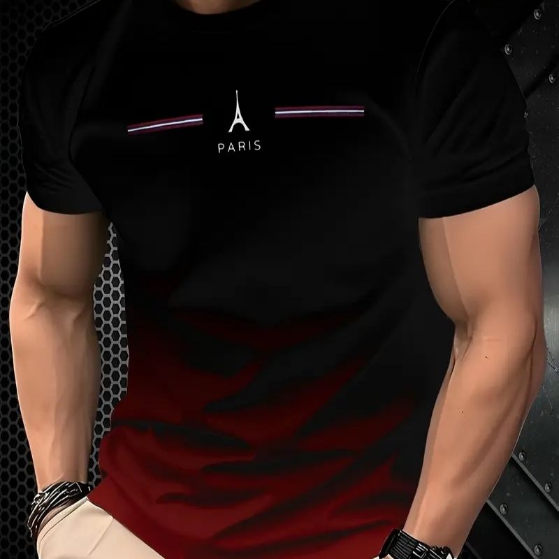 Men's Paris-Inspired Gradient Color Block T-Shirt - Eiffel Tower Graphic Casual Tee-34
