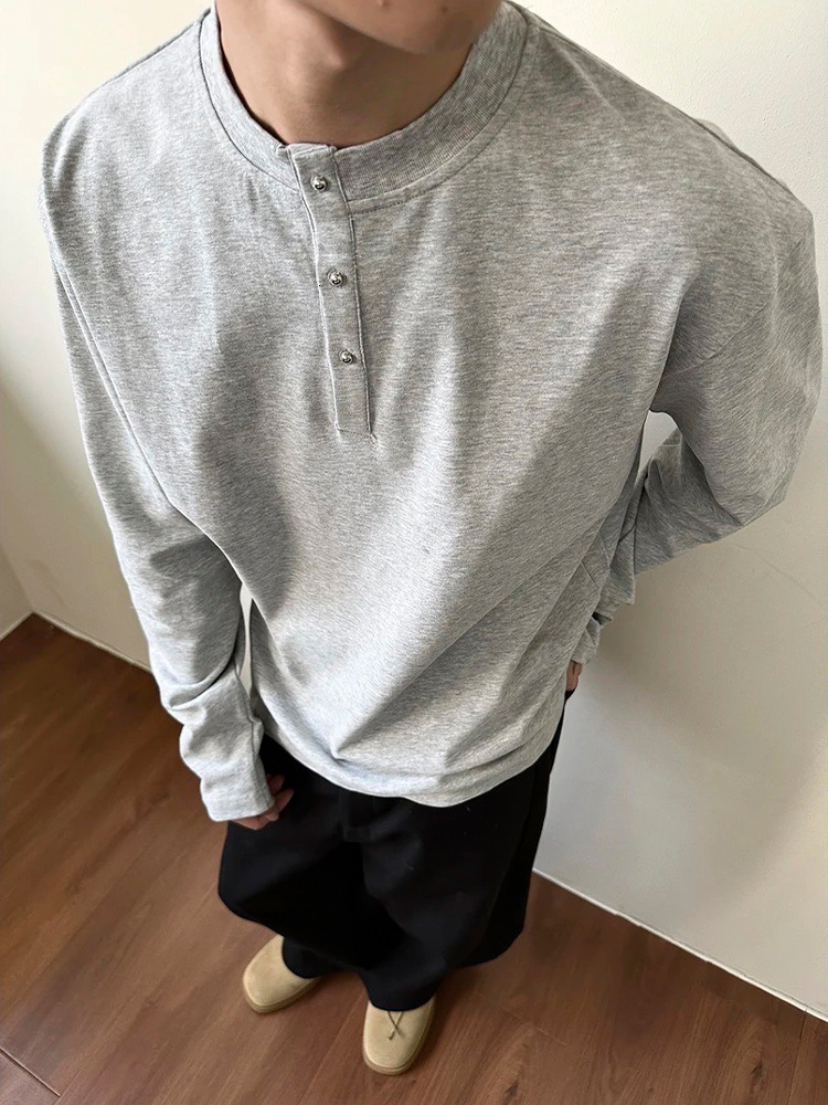 Designer Hoodie Light Gray American Style Henley Collar Long Sleeve Men's Spring And Autumn Designer Shirt High-end Silhouette T-shirt Cleanfit S