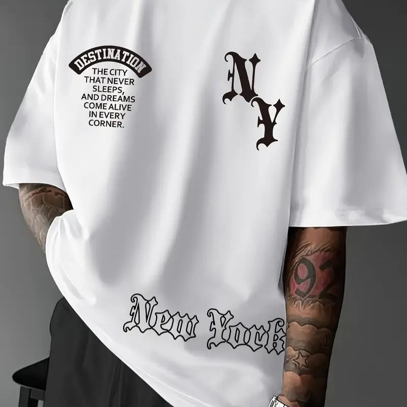 Men's Streetwear New York "NY" Graphic Oversized T-Shirt - "The City That Never Sleeps" Slogan Casual Tee-26