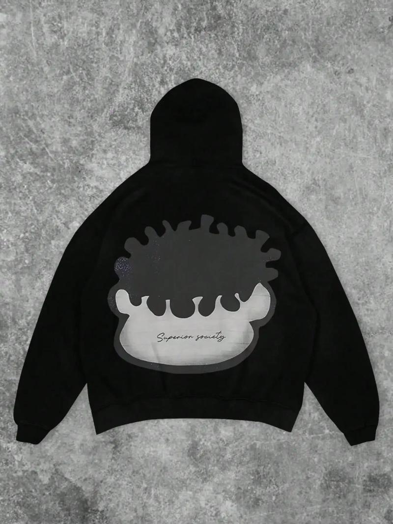 Men's Hoodies Cartoon 3D Print Hoodie Men Vintage Loose Pullover Kangaroo Pocket Streetwear Black For Autumn Winter