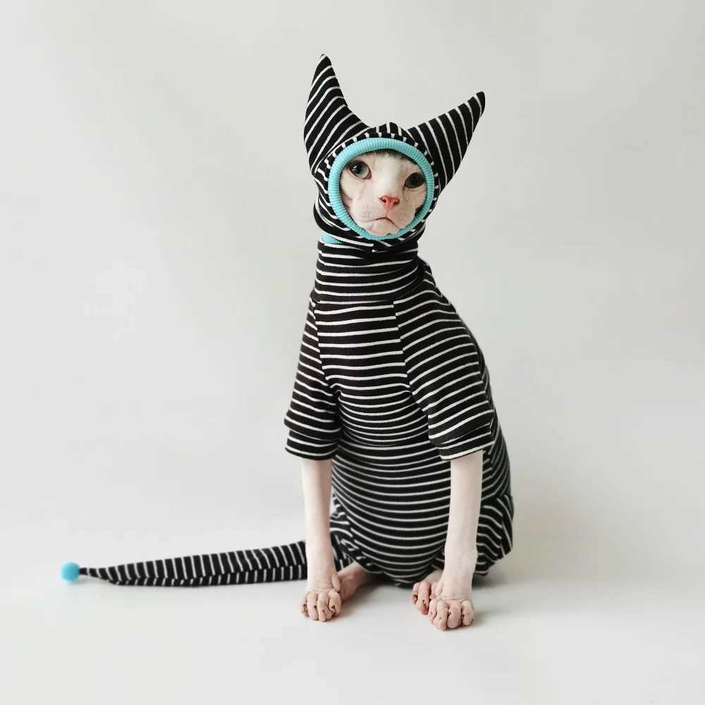 Four Legged Striped Shirt Hat Tail Cover Suit for Sphynx Cat Spring Black Sweatshirt for Kittens Hairless Warm Autumn Costumes C251009