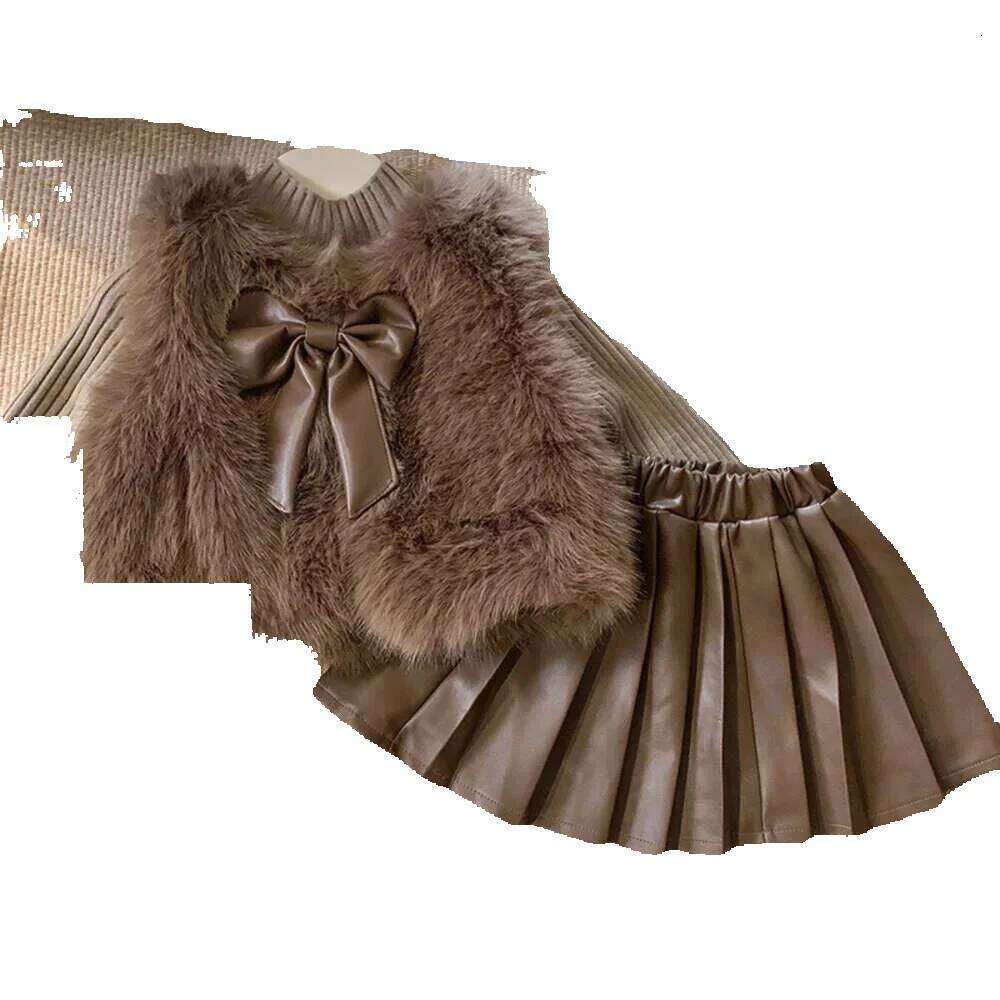 Autumn Winter Baby Girl Clothes Skirt Set Bow Princess Dresses Knit Long Sleeve Sweater Furry Vest Coat A-line Thicken Pleated Dress Three P