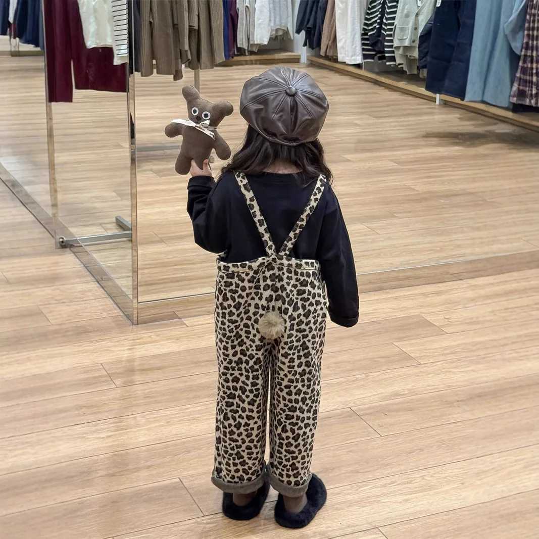 Korean Childrens Back Hairball Leopard Print Overalls Kids Girls Jumpsuit C251009