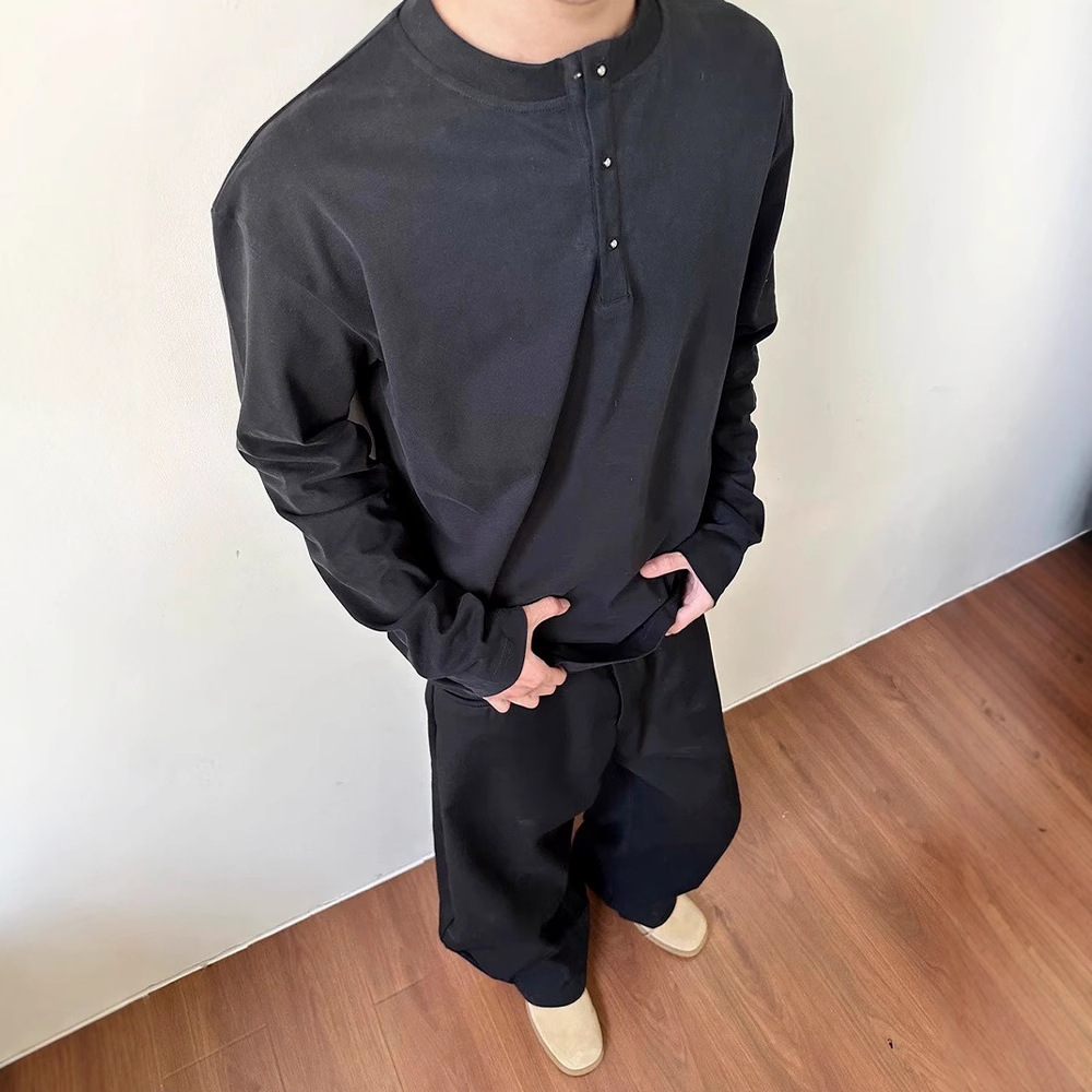 Designer Hoodie Light Gray American Style Henley Collar Long Sleeve Men's Spring And Autumn Designer Shirt High-end Silhouette T-shirt Cleanfit S