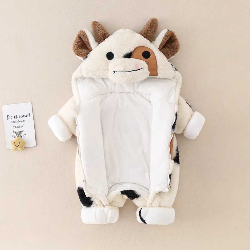 Cute Winter Baby Girls Boys Hooded Romper Plush Cow Print Zipper Jumpsuit Toddler Long Sleeve Cartoon Playsuits Party Costume C251009