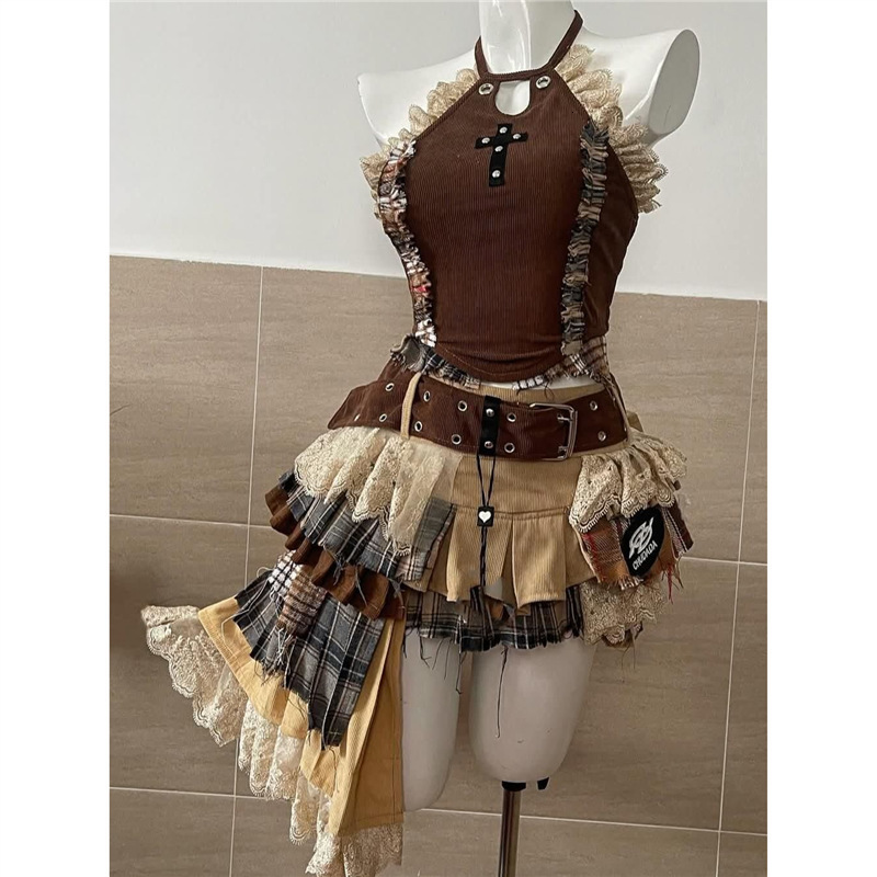 Preppy Style Vintage Red Denim Bustier Tops Sweet Spicy Pure Mini Cake Skirt Women 2 Piece Sets Summer 2025 Korea Style 250409