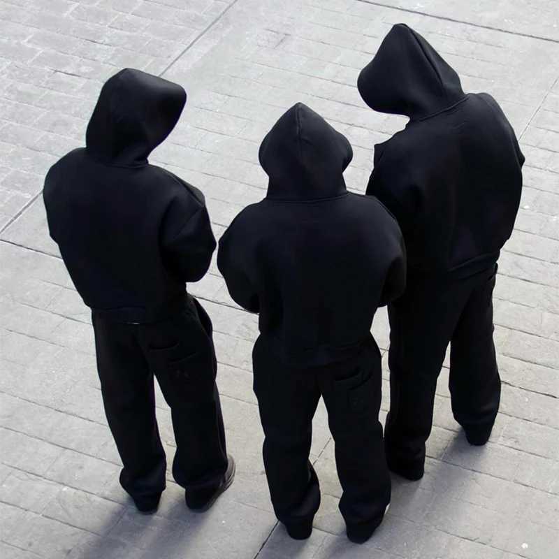 Casual Solid 2 Piece Set Hooded Pullover Straight Pants Tracksuit For Male Fashion Loose Hoodies Sweatshirt Wide Leg Sweatpants1 D251008