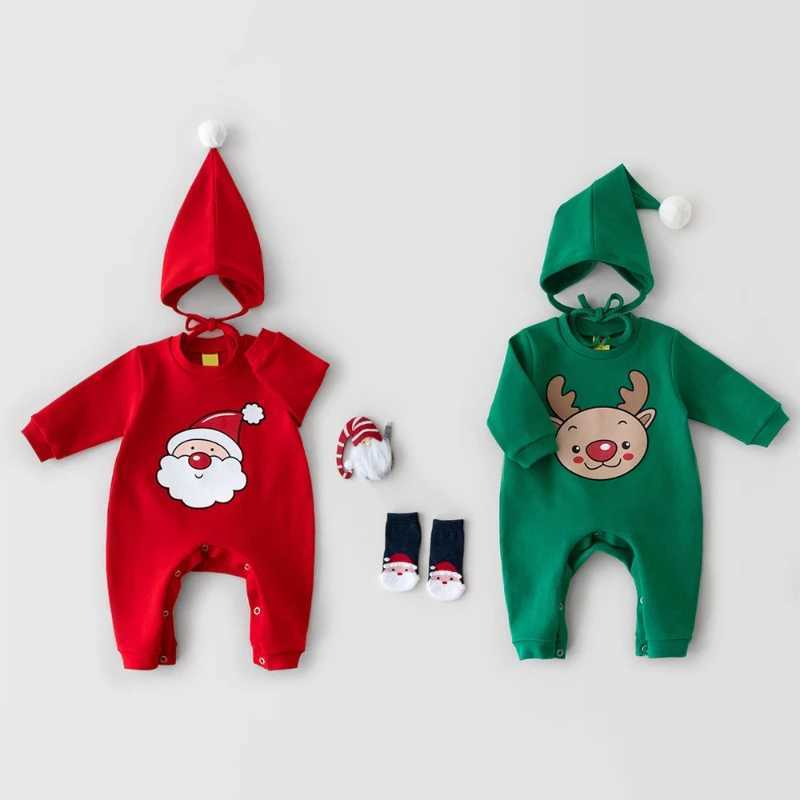 Unisex Infant Warm Romper with Hat for Christmas Boys Girls Cute Print Bodysuit Clothing New Year C251009