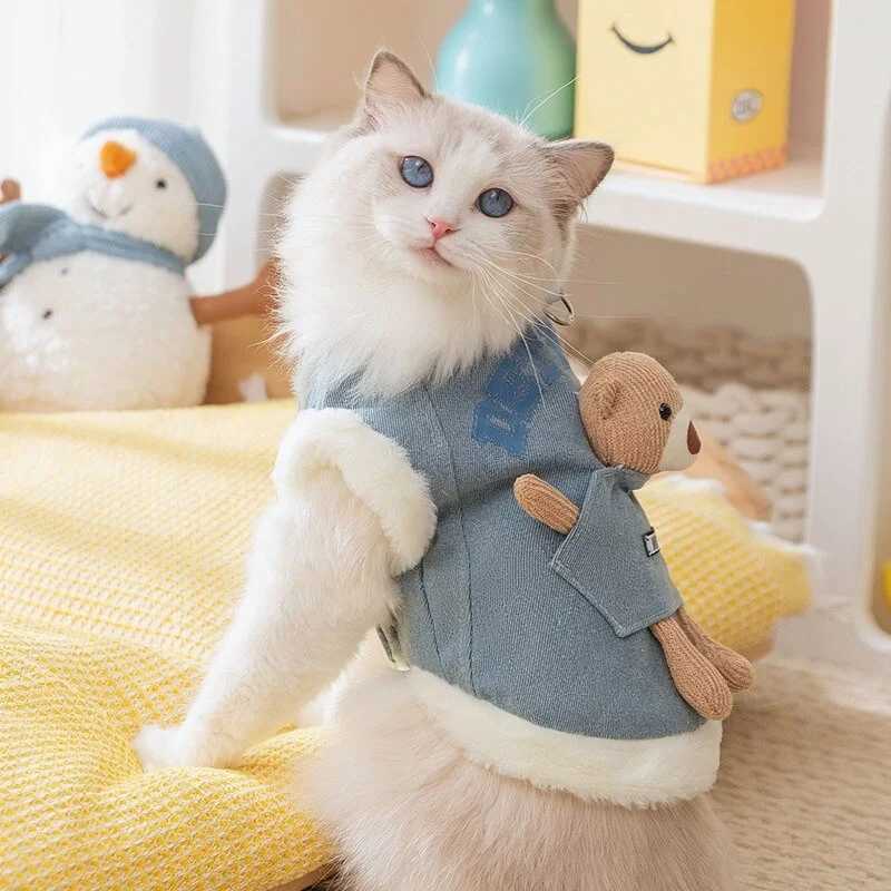 Cat autumn and winter thickened warm pocket threedimensional bear denim traction vest small dog pet clothes C251009