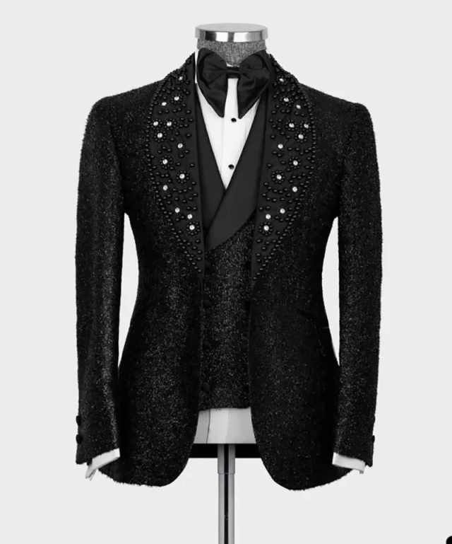 Exquisite Men's 3-Piece Suit: Crystal Embellished Wedding Tuxedos, Shawl Lapel, Customized ZD10