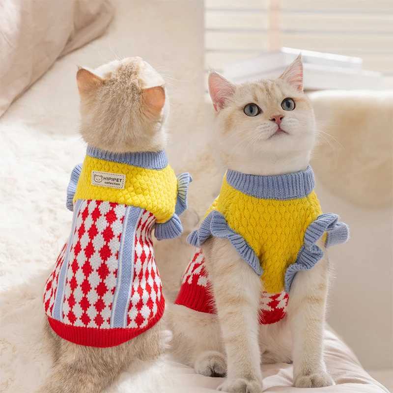 Diamond Grid Solid Cat Sweaters Warm Wool Knitting Winter Sphinx Small Dogs Clothing Ruffle Sleeve Female Girl Puppy Overalls C251009