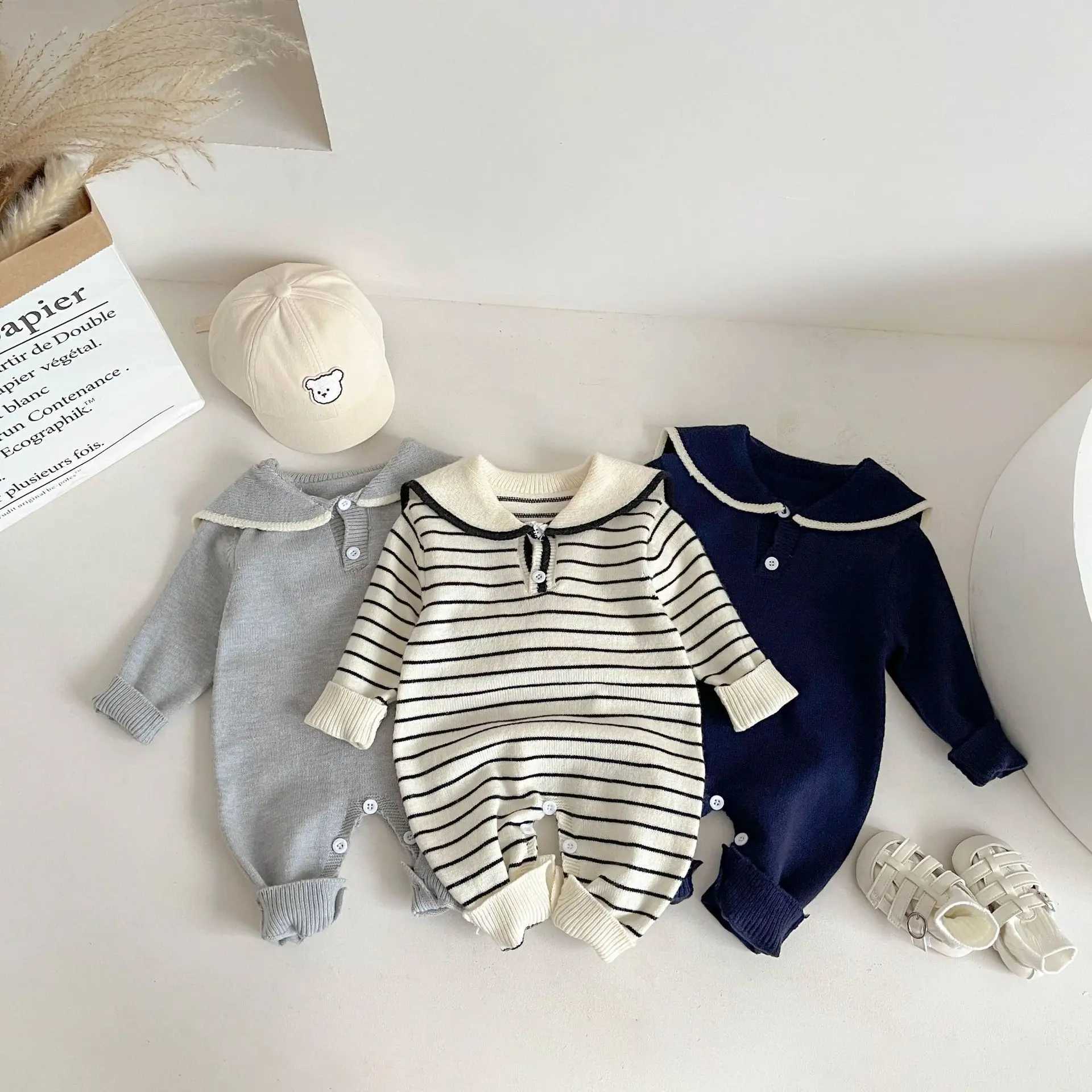 2025 Autumn New Baby Sailor Collar Long Sleeve Knitted Romper Infant Boy Girl Casual Striped Jumpsuit Newborn Toddler Clothes C251009